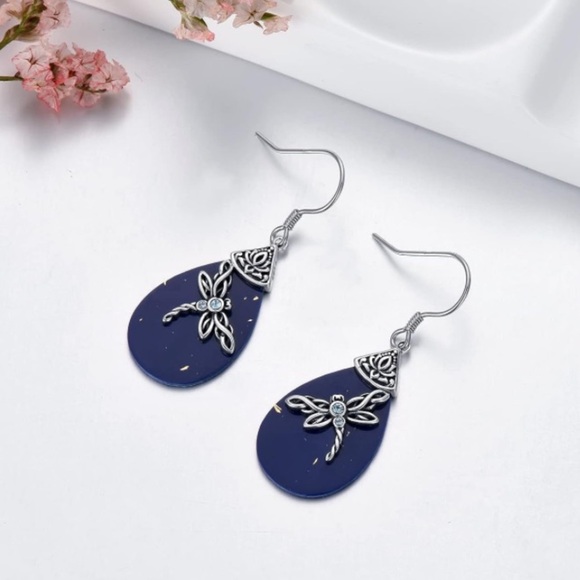 14k 925 Lapis Lazuli Celtic Dragonfly Earrings - Picture 3 of 5